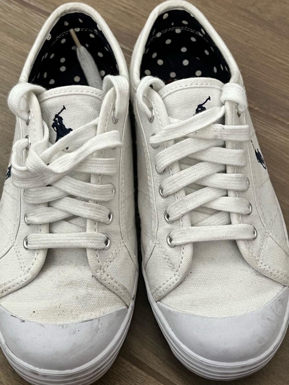 Polo Ralph Lauren White Canvas Sneakers with Black Polka Dot Lining